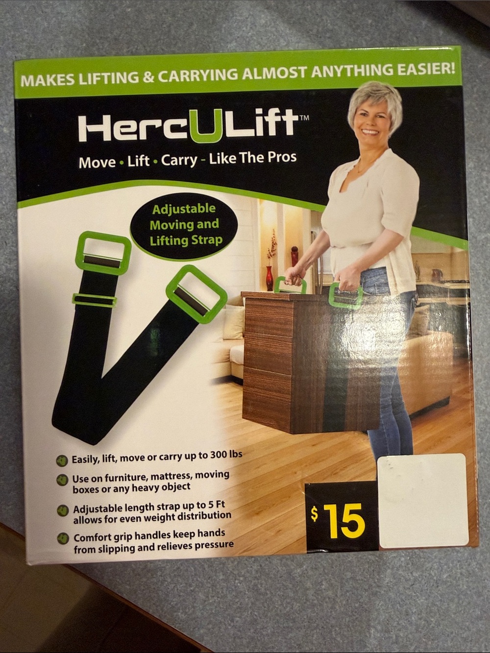Adjustable Moving & Lifting Strap — Black with Green Handles